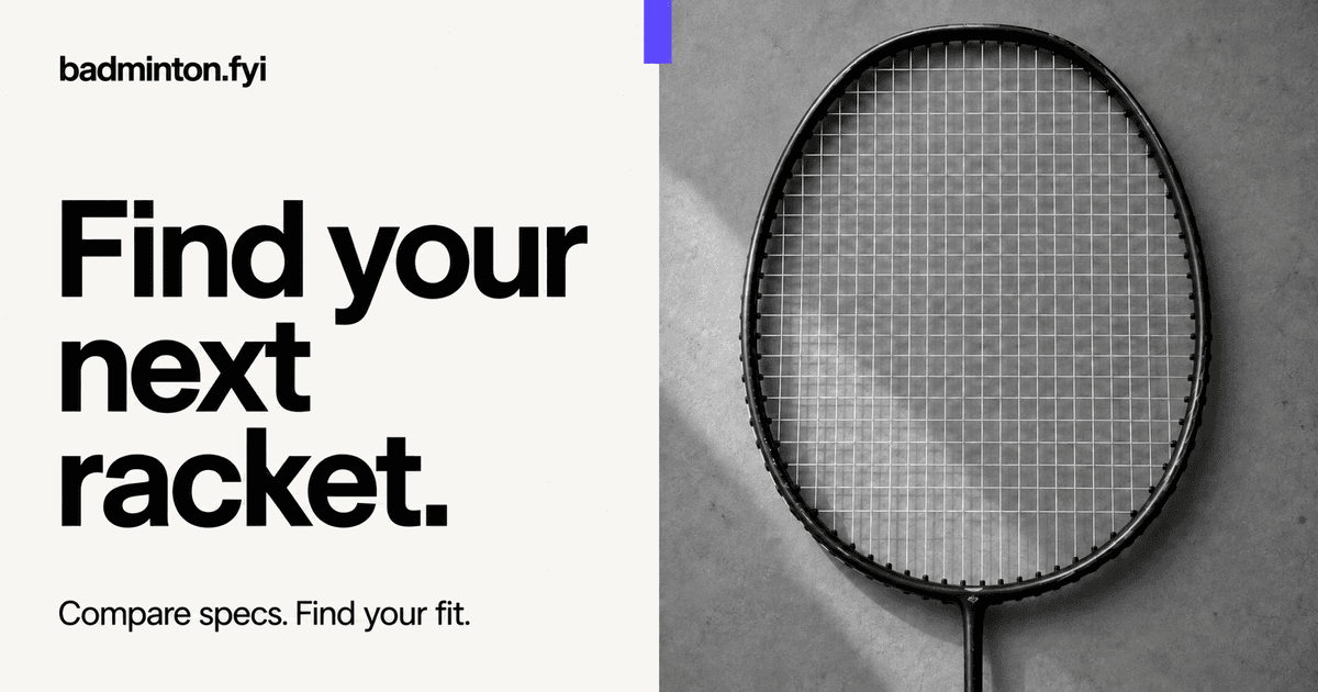 Find your next racket: a black-and-white badminton racket close-up beside the message Compare specs. Find your fit.