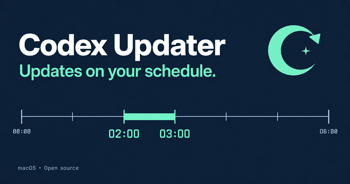 Codex Updater with its mint crescent and update-arrow logo and a timeline highlighting the 2–3 a.m. update window